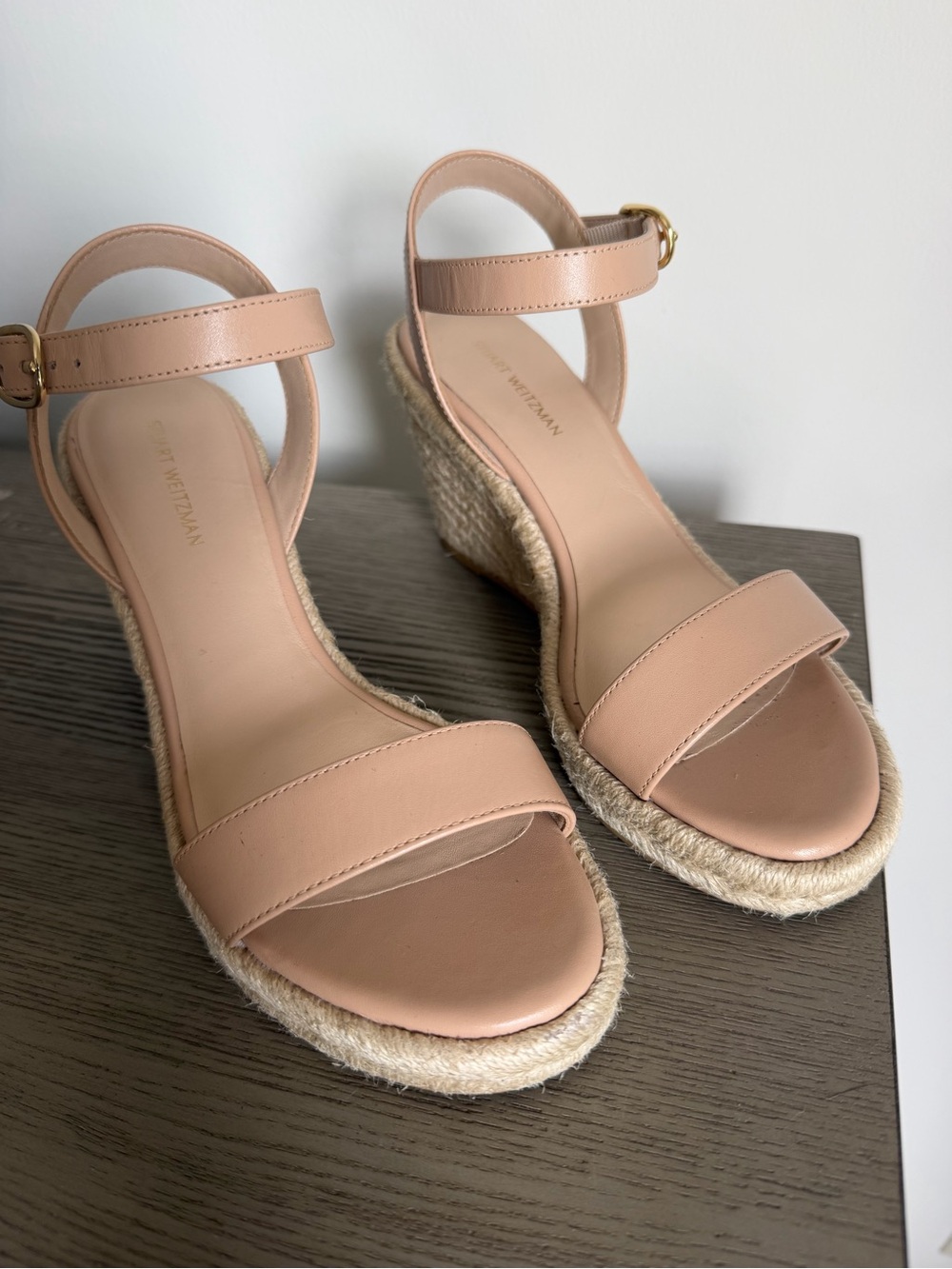 Stuart Weitzman Blush Leather Espadrille Wedge Sandals